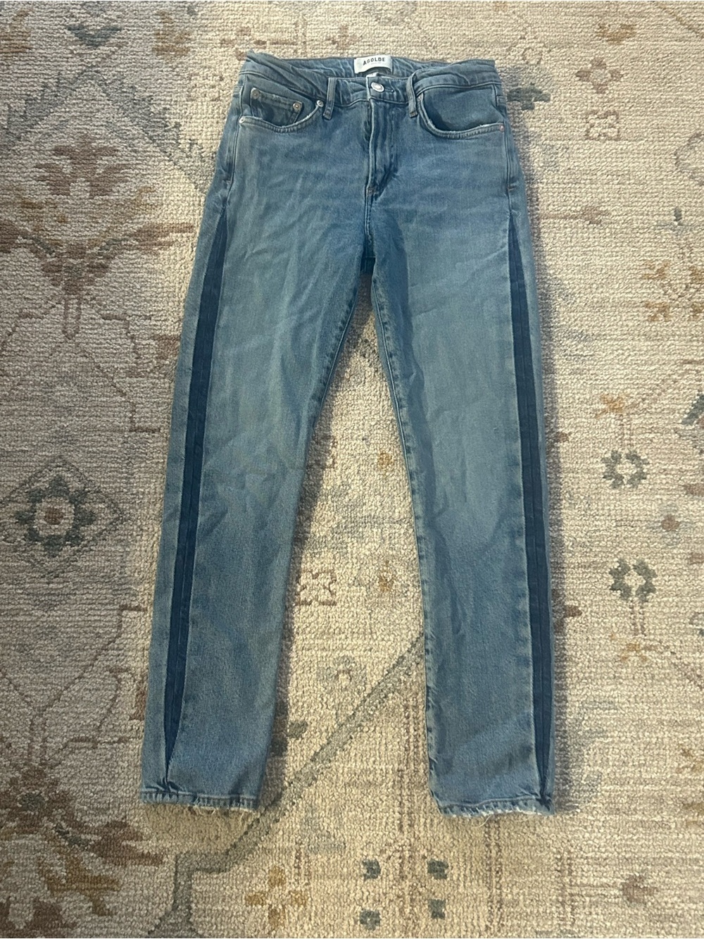Agolde Straight-Leg Jeans in Light Blue with Dark Blue Side Stripe